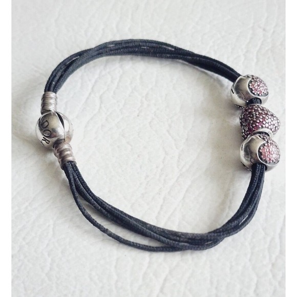 Pandora 925 Textile Multi String Bracelet  Pink Pave CZ Heart / 2 Heart Clips - Picture 5 of 14